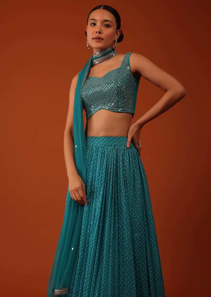 Peacock Blue Bandhani Printed Lehenga And Blouse Set In Georgette