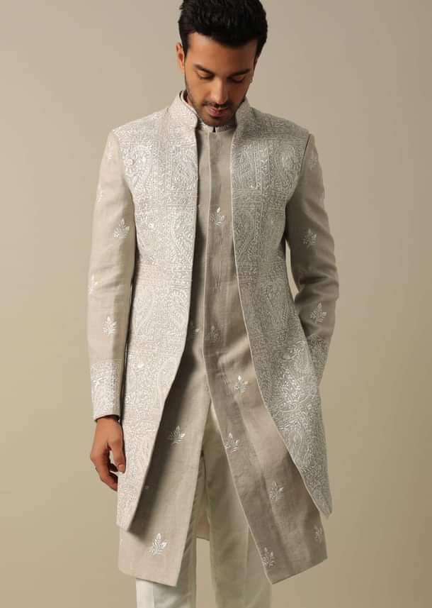 Beige Linen Indowestern Sherwani Set