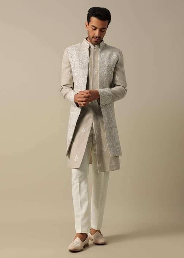 Beige Linen Indowestern Sherwani Set