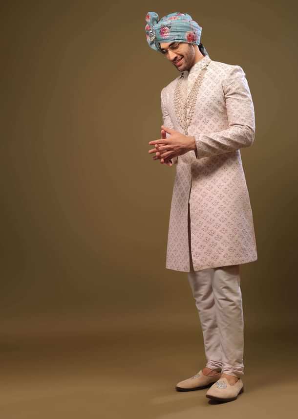 Onion Pink Lucknowi Sherwani Set With Zari And Stonework