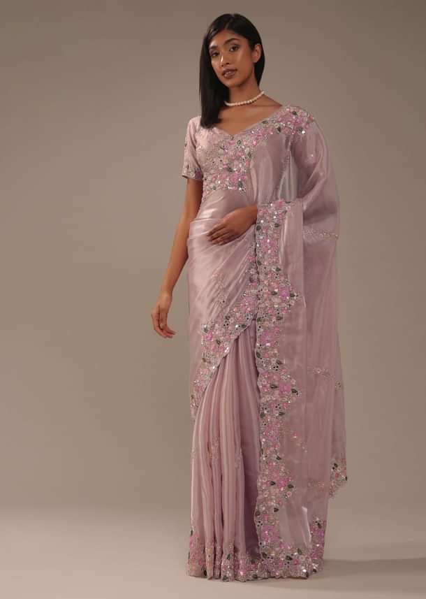 Candy Pink Glass Silk Saree With 3D Floral Embroidery