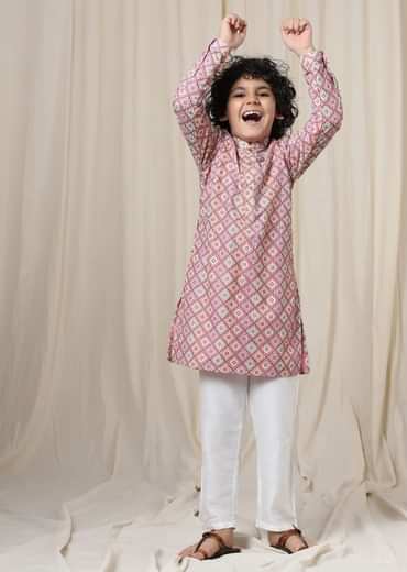 Kalki Aurora Pink Kurta Set In Silk With Threadwork For Boys