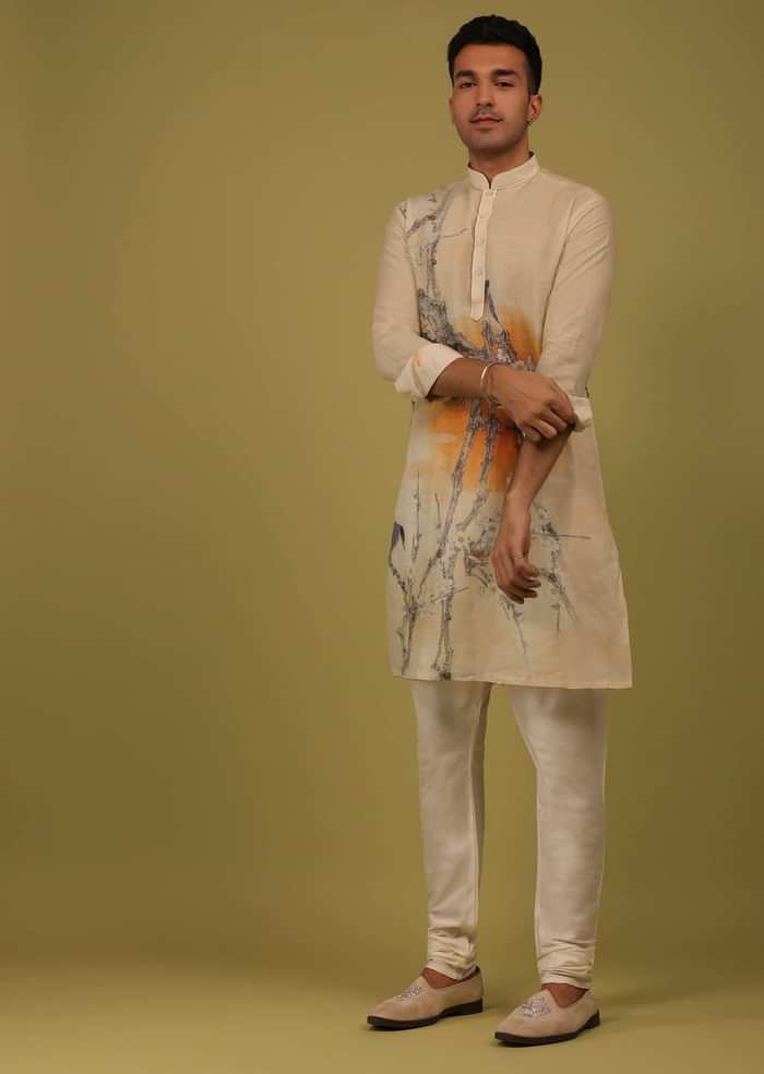 Cream White Printed Linen Kurta