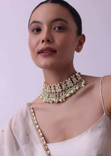 Gold Finish Choker With Pearls And Green Beads