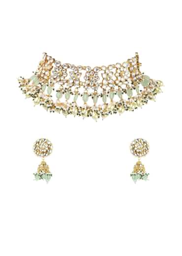 Gold Finish Choker With Pearls And Green Beads