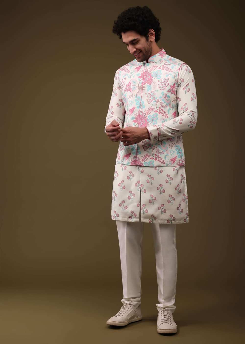 Multicolor Modern Floral Printed Jacket Kurta Set In Silk