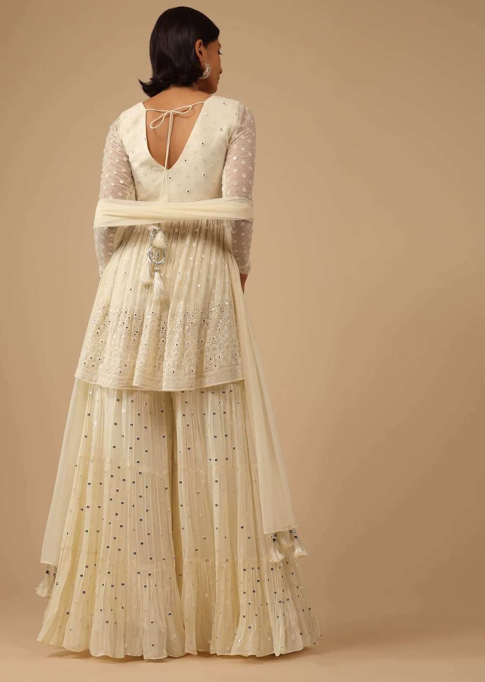 Cream White Sharara Suit Set In Georgette With Lucknowi Embroidery