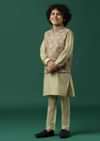 Kalki Beige Textured Bandi Jacket Set In Silk With Floral Print For Boys