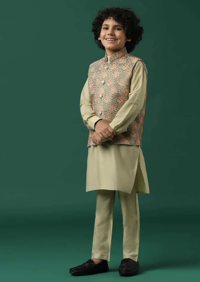 Kalki Beige Textured Bandi Jacket Set In Silk With Floral Print For Boys