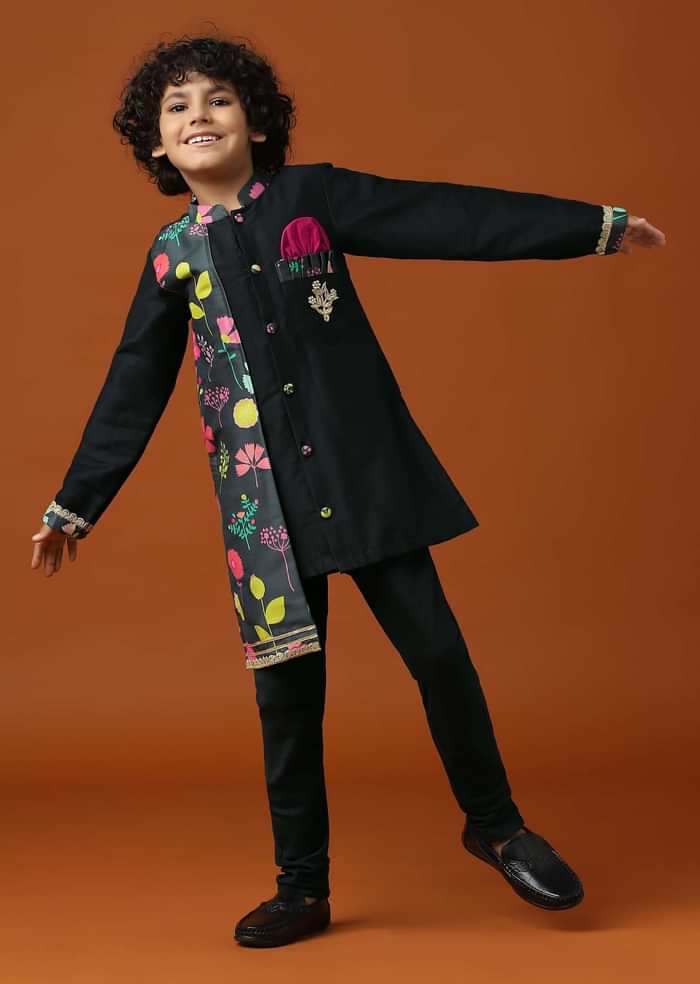 Kalki Black Printed Kurta Pant Set In Cotton Silk For Boys