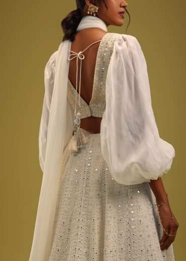 Ivory White Abala Embroidered Lehenga And Blouse Set In Georgette