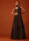 Dark Brown Bandhani Printed Lehenga And Blouse Set In Silk