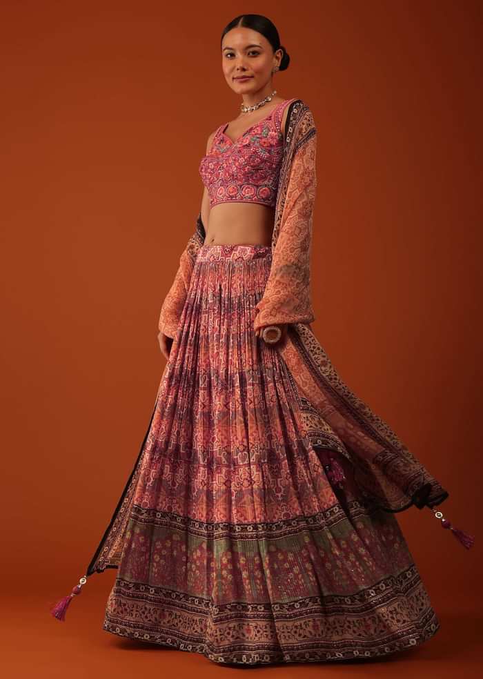 Tangerine Orange Ajrakh Printed Lehenga And Blouse Set In Chinon