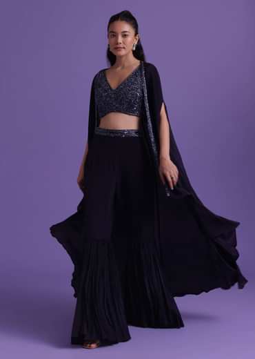 Navy Blue Cut Dana Embroidered Sharara And Blouse Set With Shrug in Satin