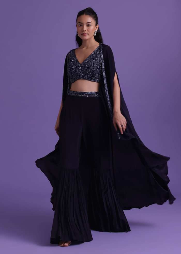 Navy Blue Cut Dana Embroidered Sharara And Blouse Set With Shrug in Satin