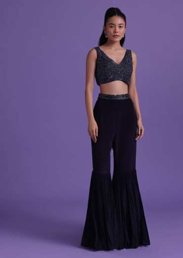 Navy Blue Cut Dana Embroidered Sharara And Blouse Set With Shrug in Satin