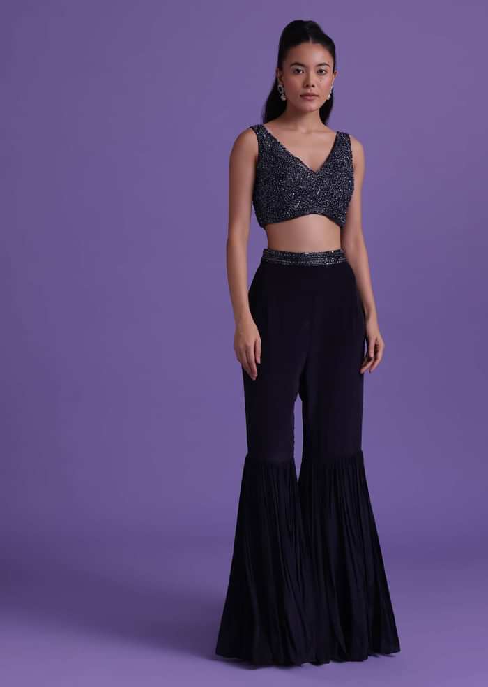Navy Blue Cut Dana Embroidered Sharara And Blouse Set With Shrug in Satin