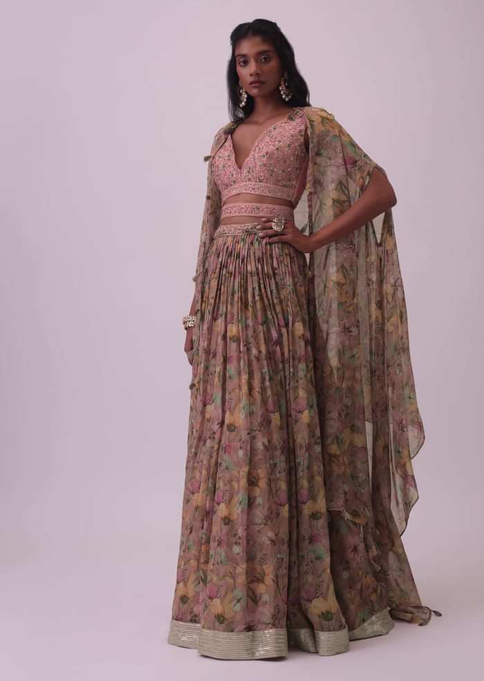 Onion Pink Floral Embroidered Silk Blouse And Organza Lehenga Set