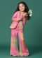 Kalki Multi Colored Printed Top And Palazzo Set With Jacket In Satin Blend For Girls