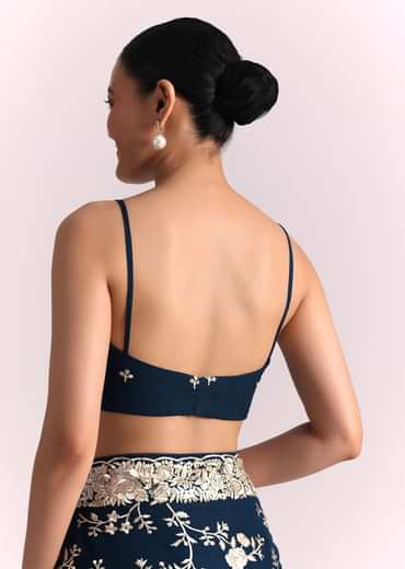 Navy Blue Georgette Saree With Parsi Gara Thread Embroidery