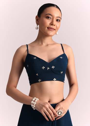 Navy Blue Georgette Saree With Parsi Gara Thread Embroidery
