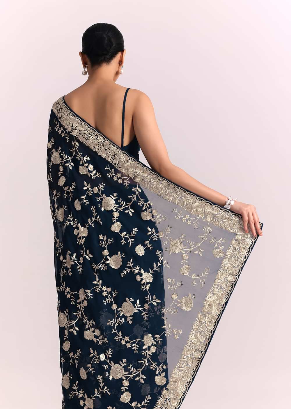 Navy Blue Georgette Saree With Parsi Gara Thread Embroidery