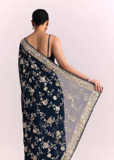 Navy Blue Georgette Saree With Parsi Gara Thread Embroidery
