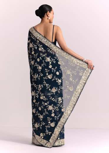 Navy Blue Georgette Saree With Parsi Gara Thread Embroidery