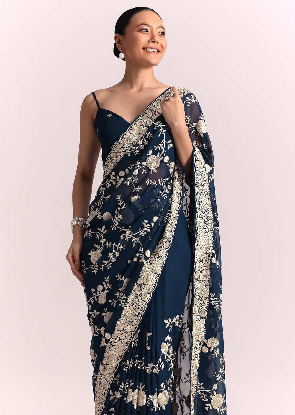 Navy Blue Georgette Saree With Parsi Gara Thread Embroidery