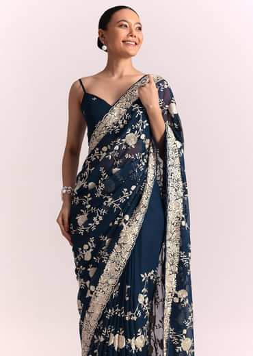 Navy Blue Georgette Saree With Parsi Gara Thread Embroidery