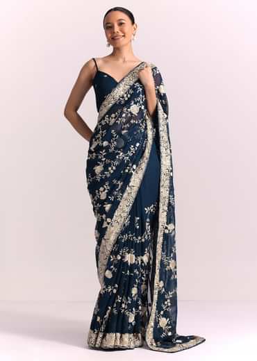 Navy Blue Georgette Saree With Parsi Gara Thread Embroidery