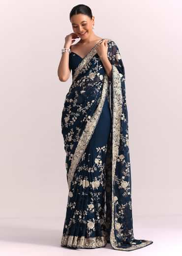 Navy Blue Georgette Saree With Parsi Gara Thread Embroidery