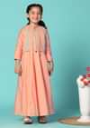 Kalki Peach Pink Printed Gown And Jacket Set In Cotton For Girls