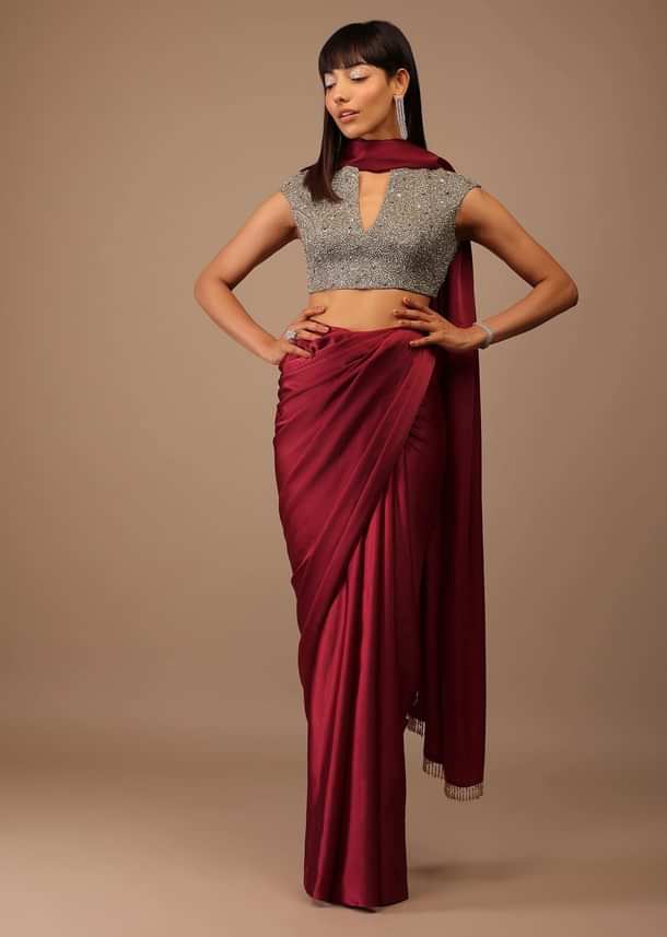 Valentine Red Milano Satin Saree With V Neck Hand Embroidered Crop Top