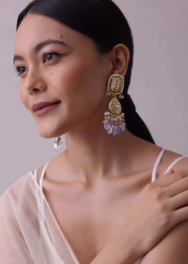 Gold-Finish Kundan Earrings With Colourful Meenakari Work In Mix Metal