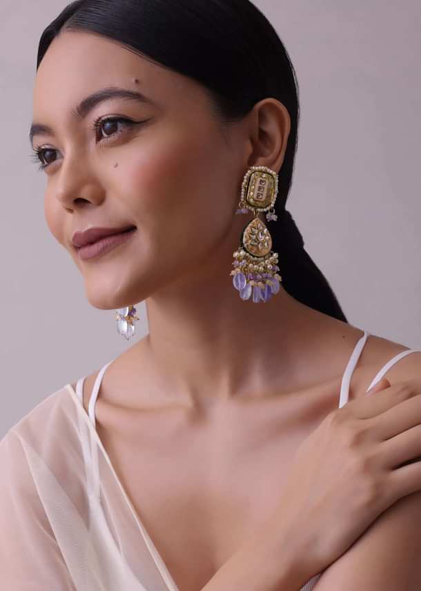 Gold-Finish Kundan Earrings With Colourful Meenakari Work In Mix Metal