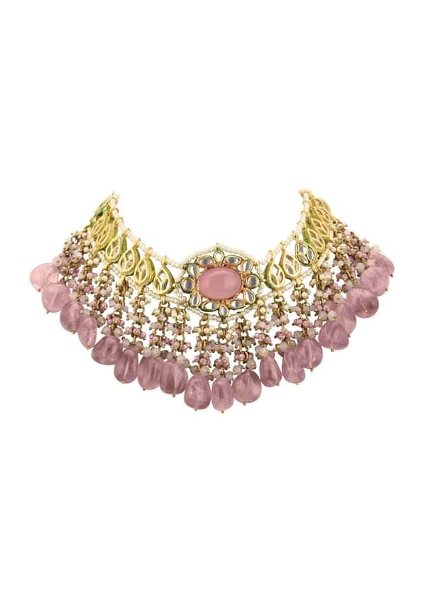 Voilet Toned Gold-Finish Kundan Choker Necklace Set With Colourful Meenakari Work In Mix Metal Voilet Toned Gold-Finish Kundan Choker Necklace Set With Colourful Meenakari Work In Mix Metal