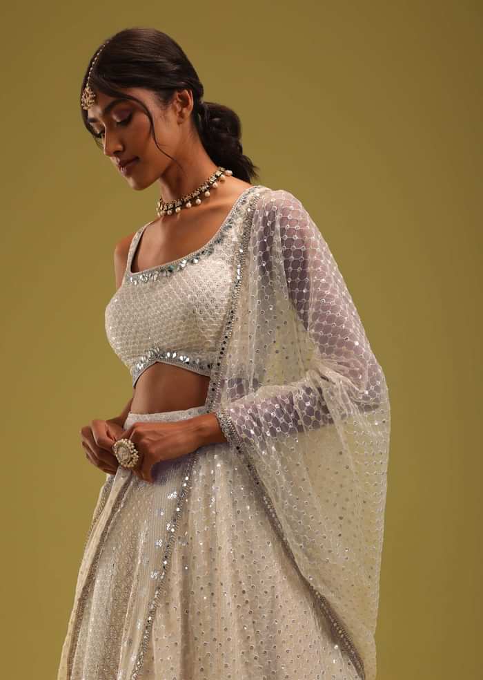 Ivory White Sequins Embroidered Georgette Lehenga Set