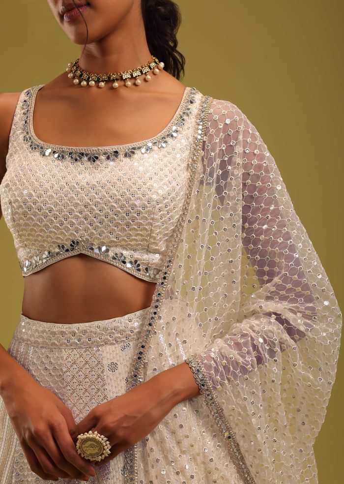 Ivory White Sequins Embroidered Georgette Lehenga Set