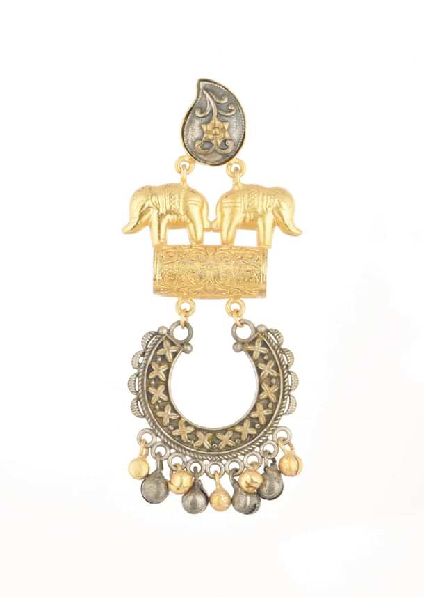 Two-Tone Silver Finish Oxidised Chandbalis In Fusion Style Two-Tone Silver Finish Oxidised Chandbalis In Fusion Style