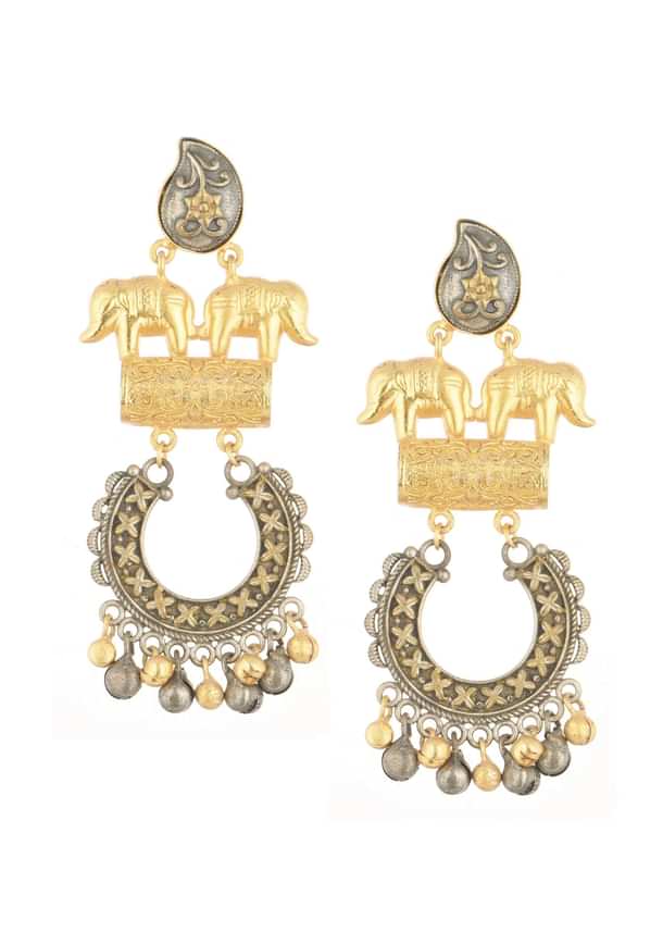 Two-Tone Silver Finish Oxidised Chandbalis In Fusion Style Two-Tone Silver Finish Oxidised Chandbalis In Fusion Style