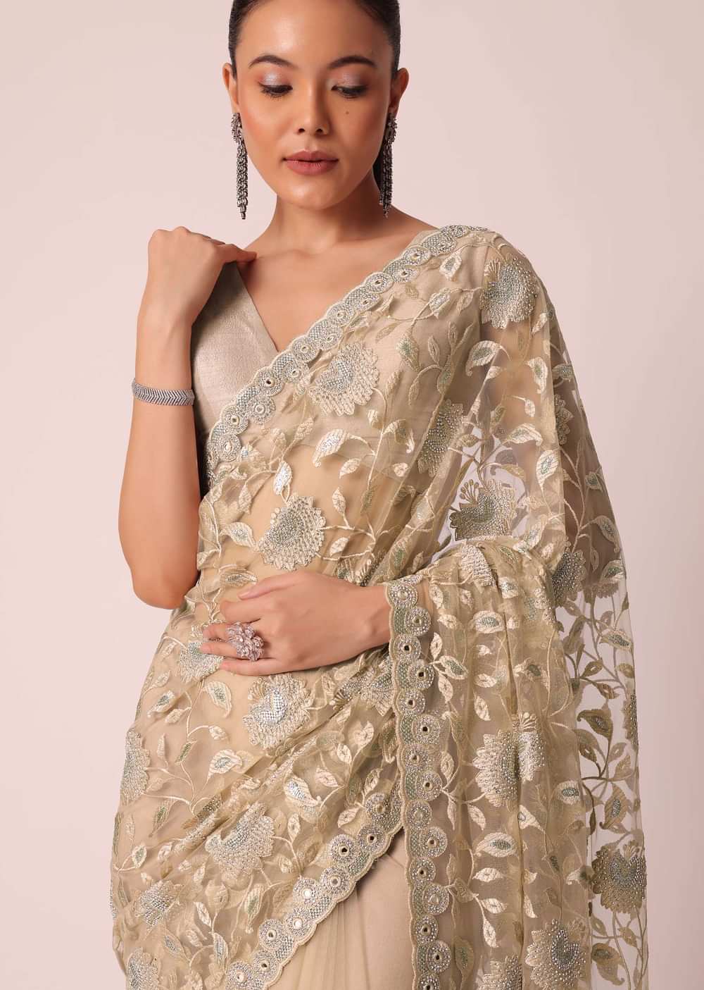 Beige Mirror Work Saree With Scallop Border And Unstitched Blouse Piece