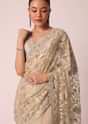 Beige Mirror Work Saree With Scallop Border And Unstitched Blouse Piece