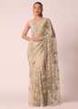 Beige Mirror Work Saree With Scallop Border And Unstitched Blouse Piece