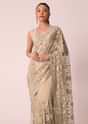 Beige Mirror Work Saree With Scallop Border And Unstitched Blouse Piece