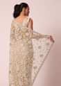 Beige Mirror Work Saree With Scallop Border And Unstitched Blouse Piece