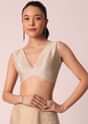Beige Mirror Work Saree With Scallop Border And Unstitched Blouse Piece
