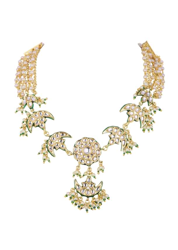 Gold Finish Green Kundan Necklace Set With Beads And Pearls