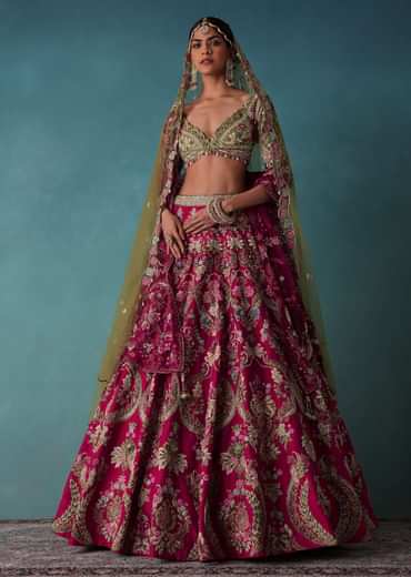 Rhodamine Pink Hand Embroidered Bridal Lehenga Set