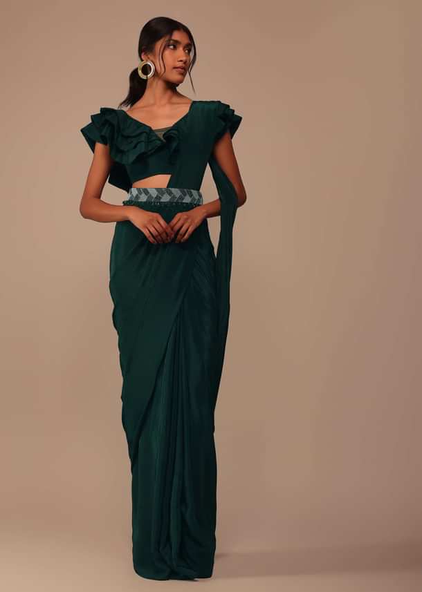 Bottle Green Crepe Pre Drape Saree With Fancy Blouse And Embroidered Belt